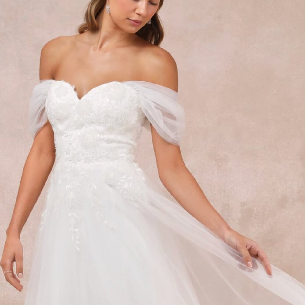 Lulus Blissfully Romantic White Tulle Off-the-Shoulder Beaded  Sz L white #0513